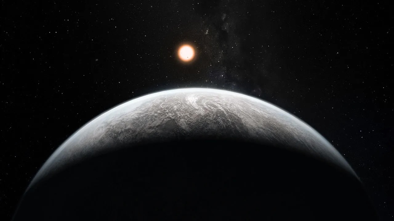 illustration of a large, earth-like planet, with its yellowish star visible in the background