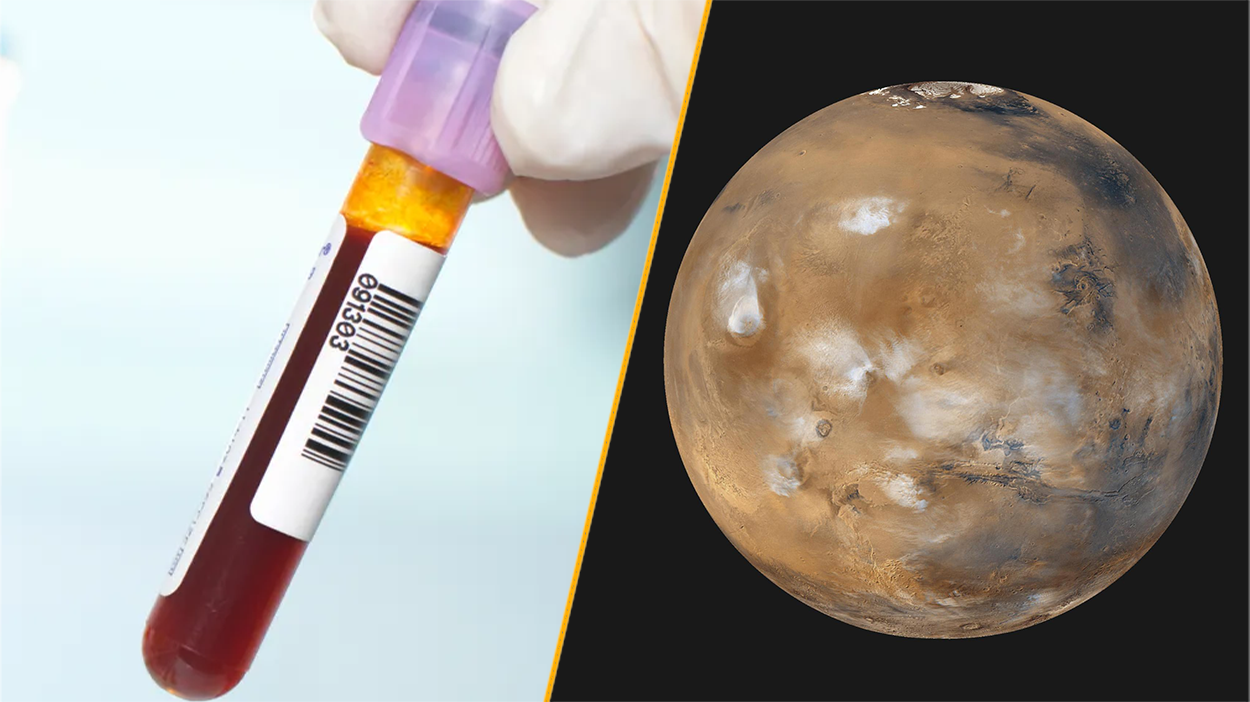 Split image of a blood test and the planet Mars. 